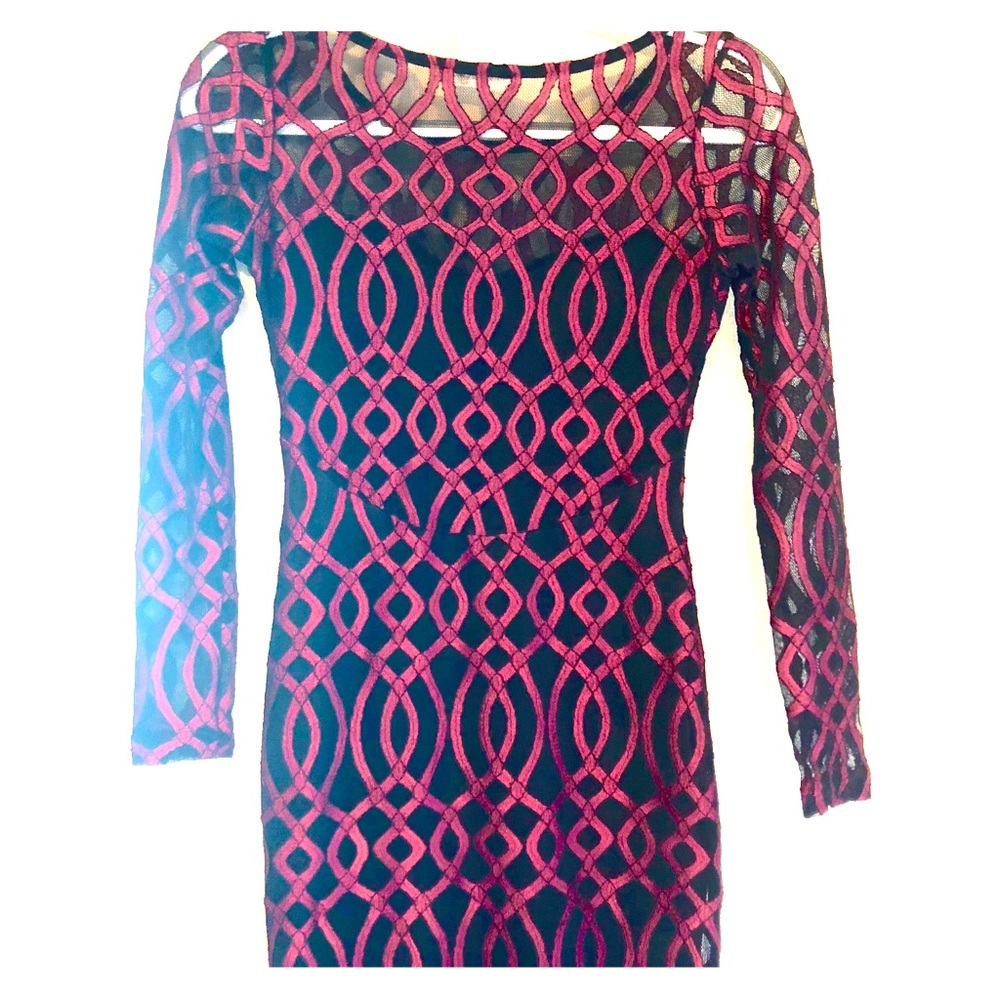 Long sleeve semi sheer mini dress black with red